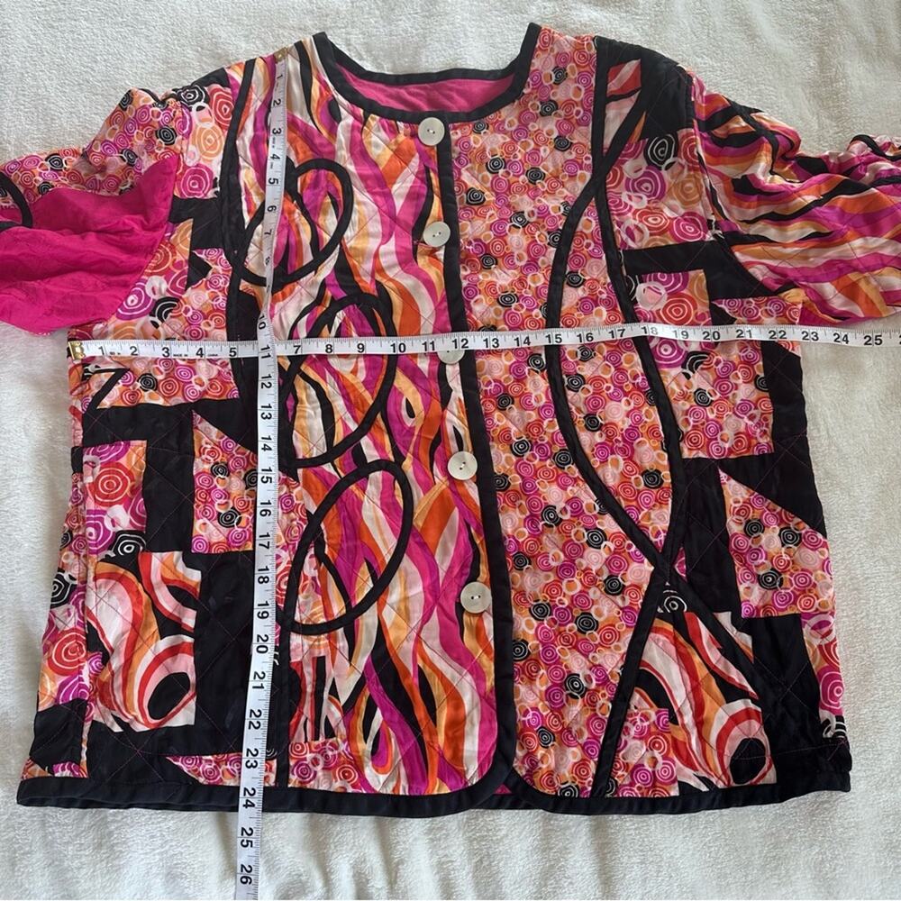 Vintage Colorful Abstract Quilted Jacket Button Front Artsy Boho 100% Silk - Picture 8 of 10